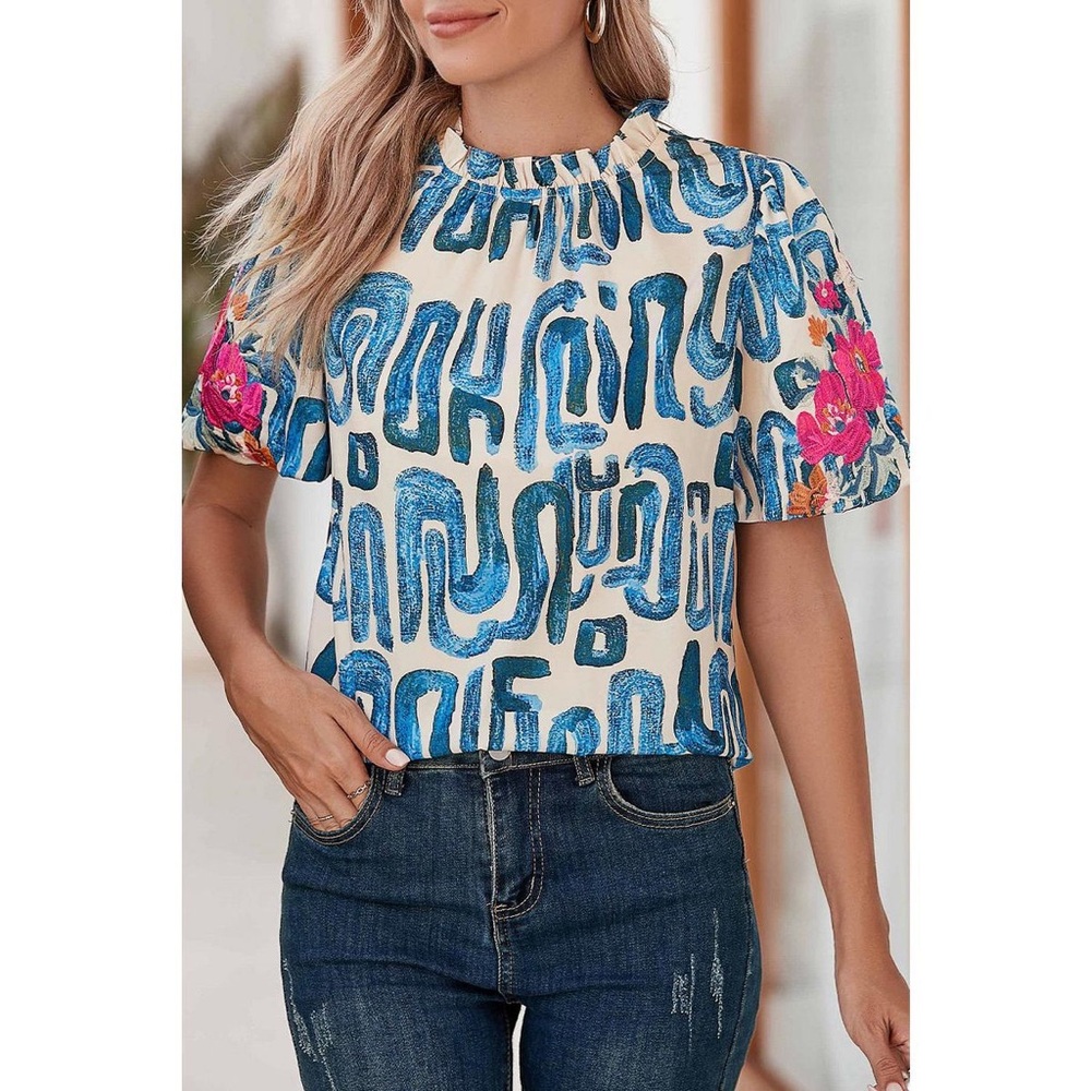 Mod Boutique Blue and Beige Abstract Floral Patterned Women's Top